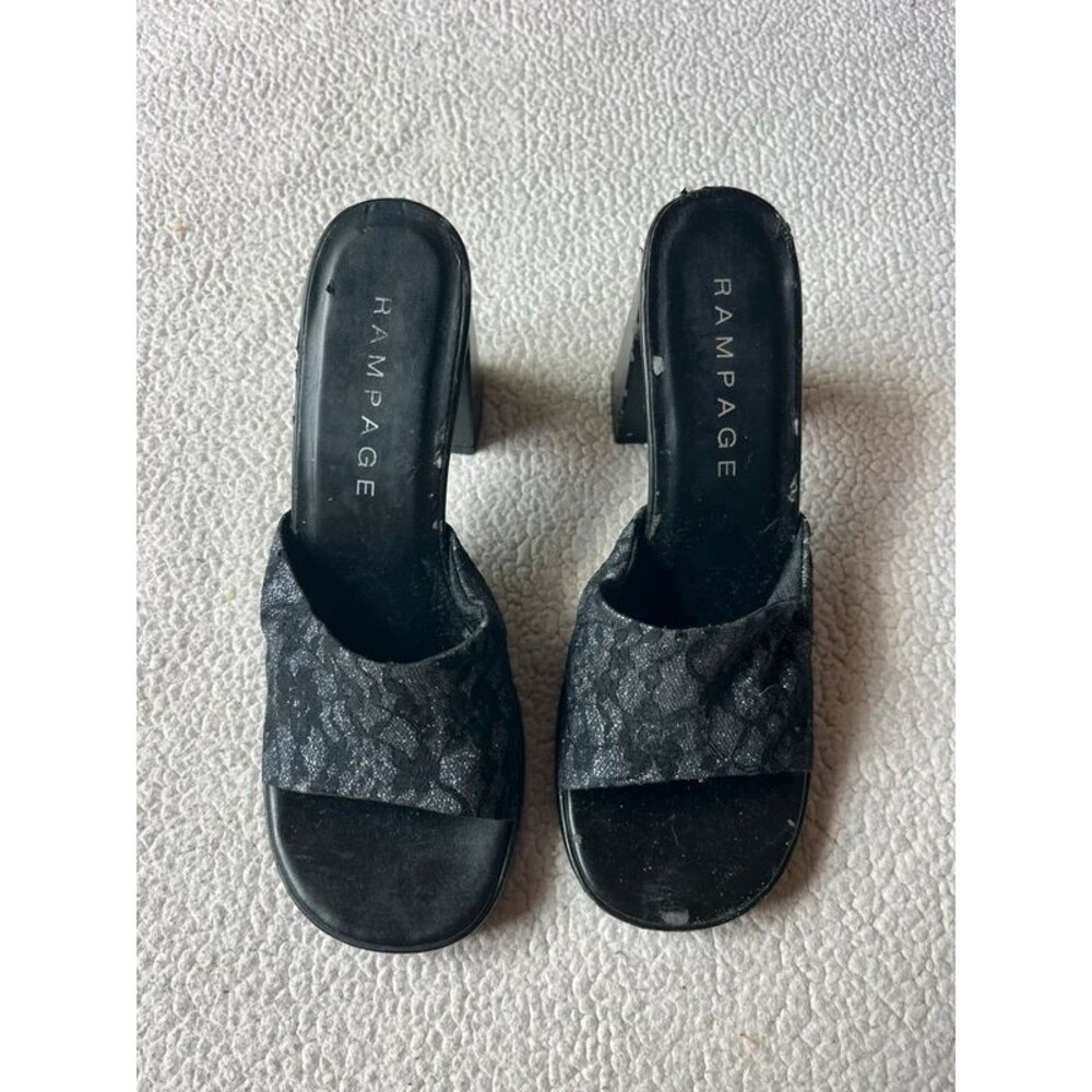 Vintage 90s Rampage Cannella Lacey Black Slip On Block Heel Sandals Womens 8
